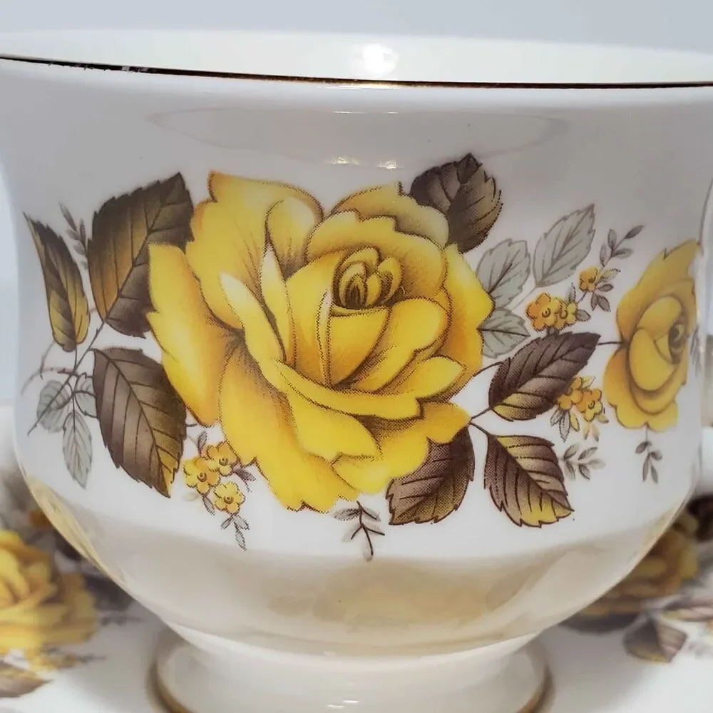 Queen Anne Teacup and Saucer Yellow Roses Vintage